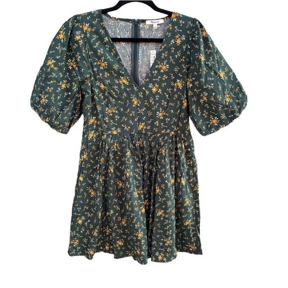 NEW Madewell Green Floral Poplin V Neck Bubble Sleeve in Fresh Sprig Mini Dress - Picture 2 of 12